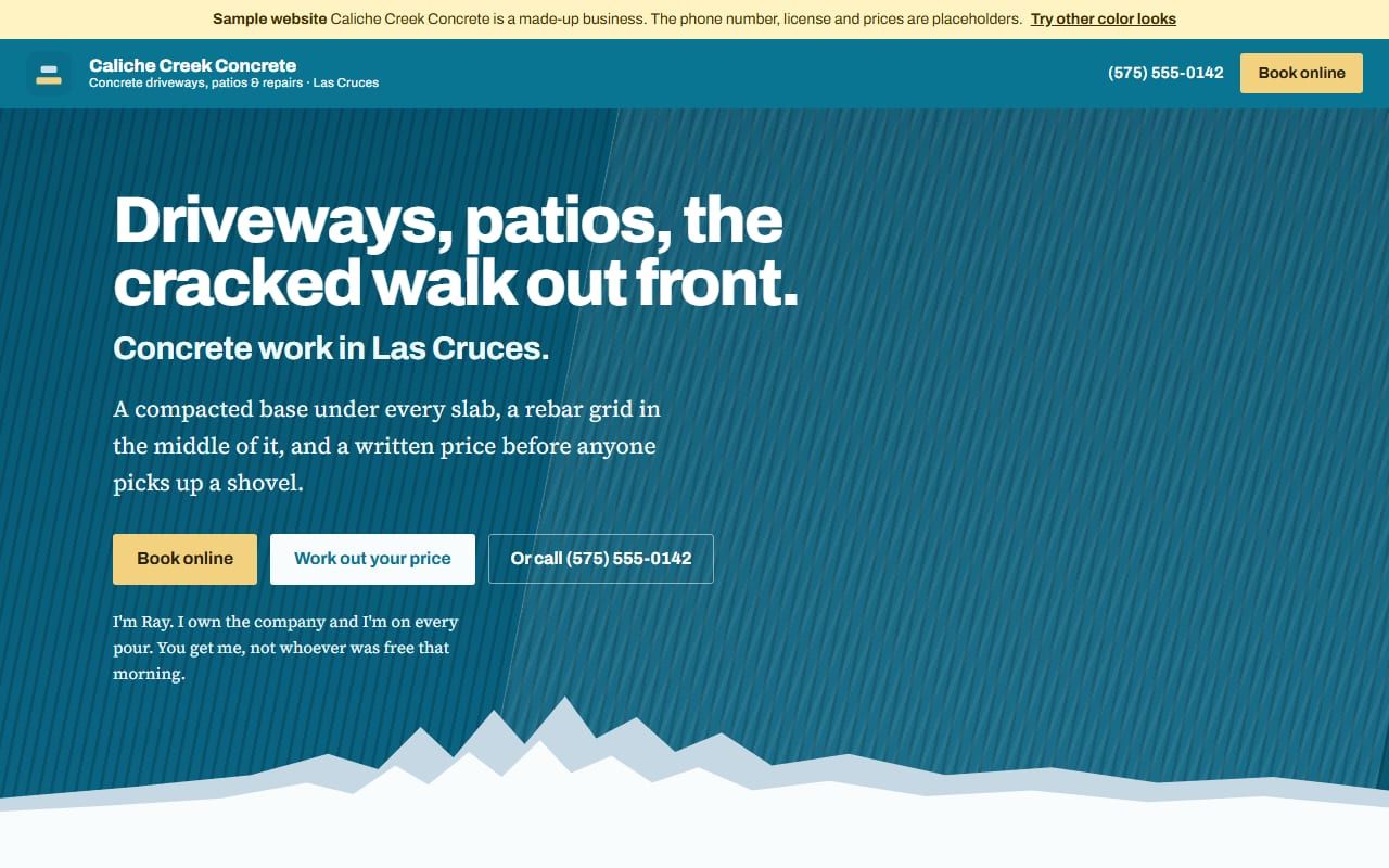 The home page of a sample concrete company website, with a turquoise top, pale clouds, straw-yellow buttons, the headline 'Driveways, patios, the cracked walk out front.' and buttons to book online or work out a price.